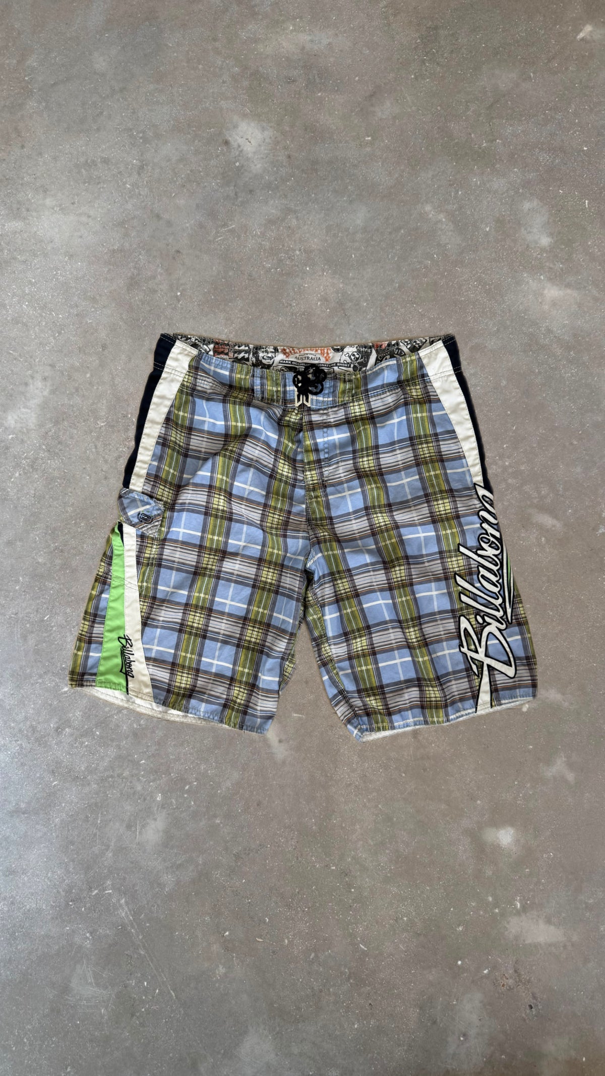 BS0060 Billabong x Occy SIGNATURE Blue and Green Striped Vintage Boardshorts (38")