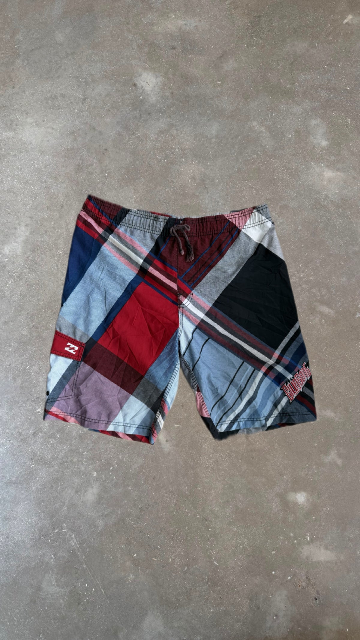 BS0096 Billabong Red, Blue and Gray Striped Vintage Boardshorts (38")